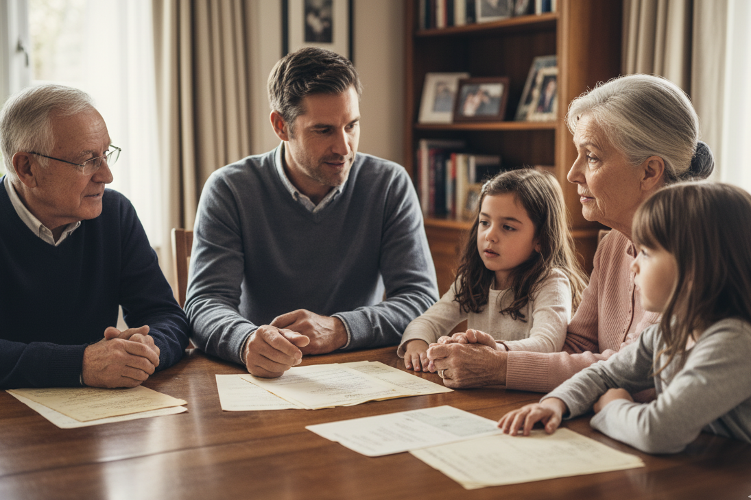 Multi-generational family discussing inheritance tax planning and wealth transfer strategies