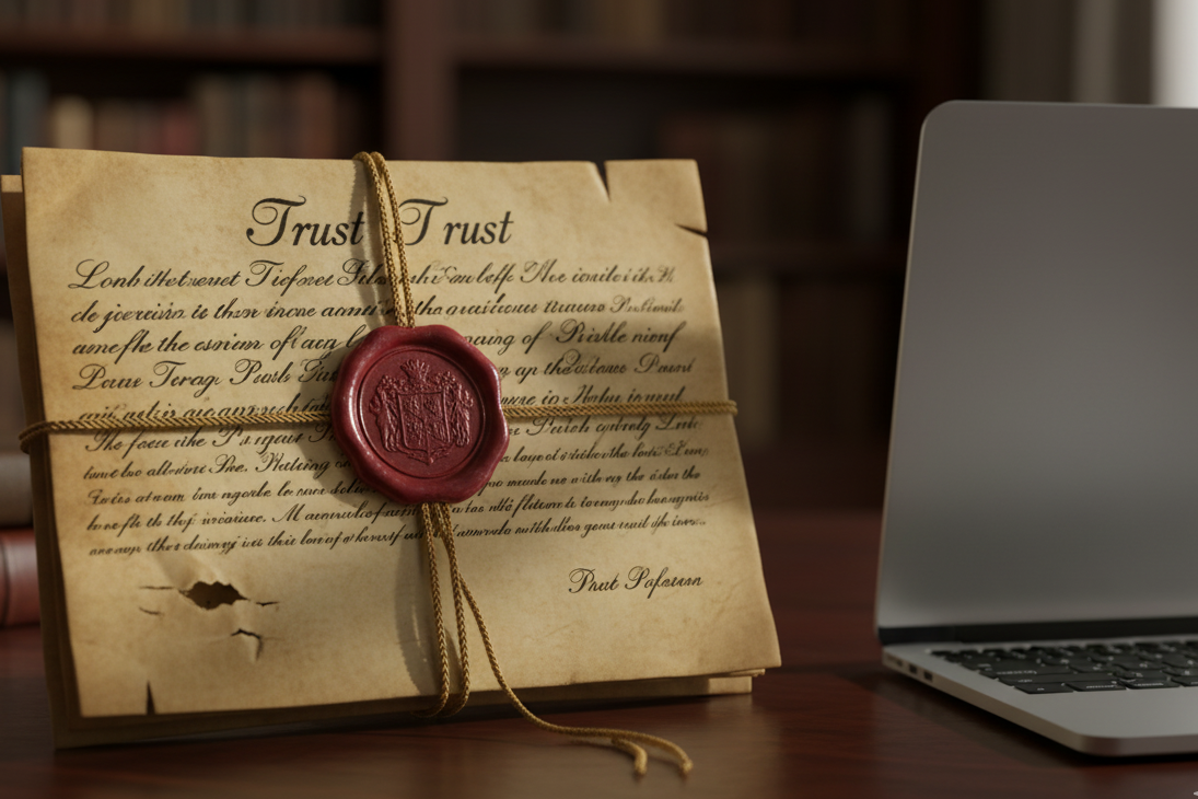 Legal trust document for inheritance tax planning with traditional wax seal and modern elements