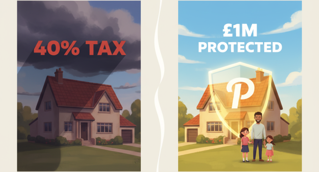 UK inheritance tax planning comparison showing unprotected estate versus protected estate with £1 million inheritance tax allowance through proper planning and gifting strategies