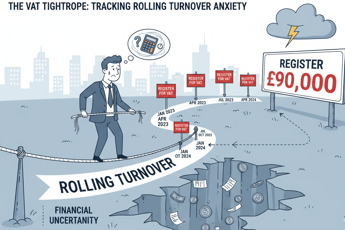 Business owner balancing on tightrope labelled £90000 VAT registration threshold with calendar months marked showing rolling 12-month period calculation
