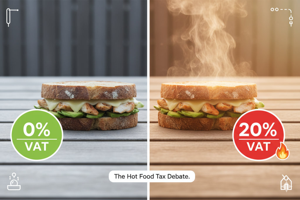 Split comparison image showing cold sandwich with zero percent VAT and heated sandwich with twenty percent VAT to illustrate UK VAT hot food rules