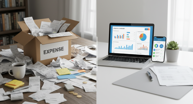 Comparison of disorganized business receipts versus professional digital small business accounting services setup in 2026