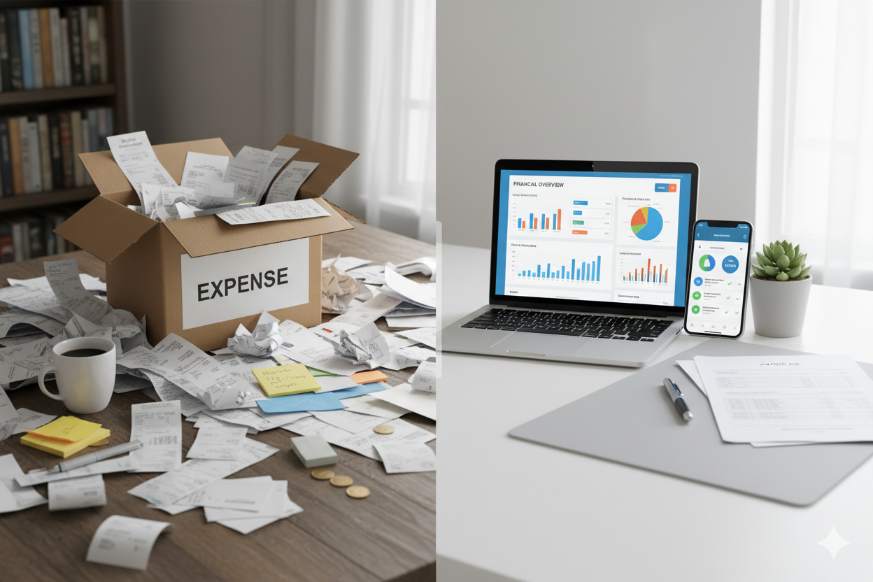 Comparison of disorganized business receipts versus professional digital small business accounting services setup in 2026