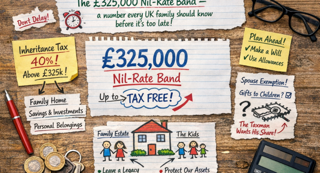 Inheritance Tax Limit UK £325,000 nil rate band illustrated with family estate planning notes, calculator, house sketch, and tax free allowance reminder for estates and wills