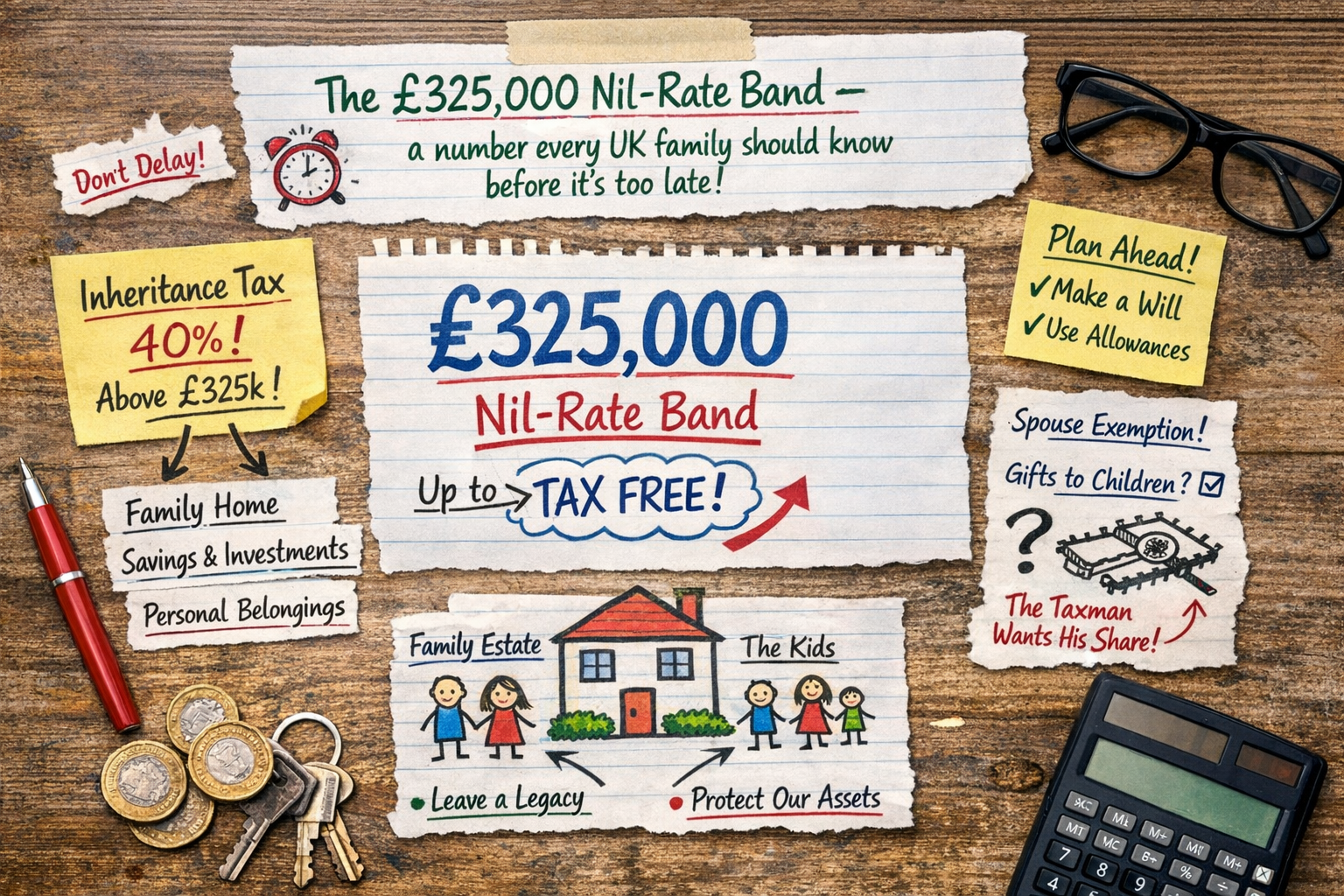 Inheritance Tax Limit UK £325,000 nil rate band illustrated with family estate planning notes, calculator, house sketch, and tax free allowance reminder for estates and wills