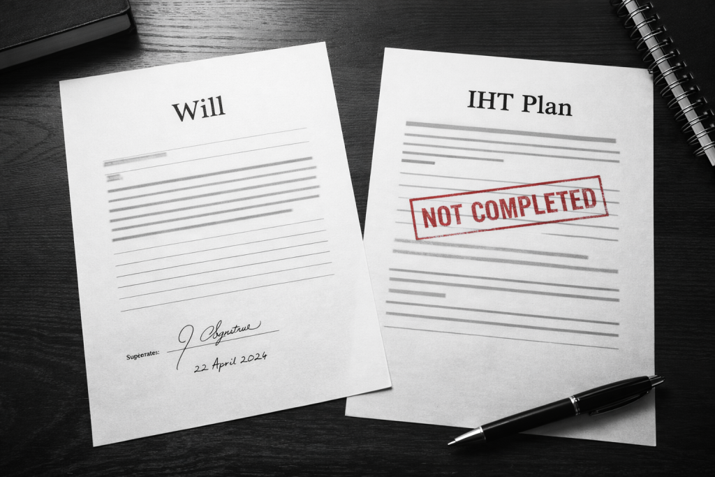 Completed Will document beside unfinished inheritance tax plan showing the costly gap between Will writing and IHT estate planning