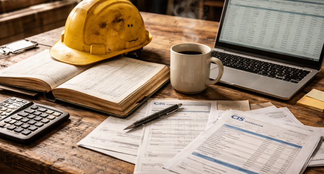 Construction contractor reviewing CIS documents and accounting records at a project site office desk with hardhat and invoices
