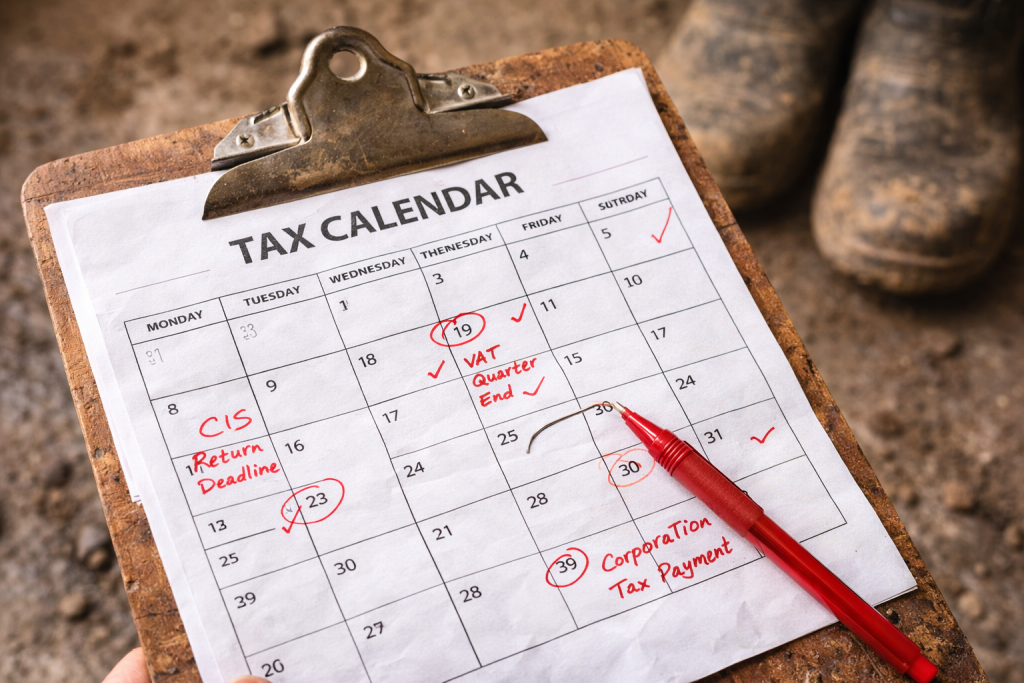 Construction site manager's clipboard showing annotated tax deadline calendar for CIS, VAT, and corporation tax dates