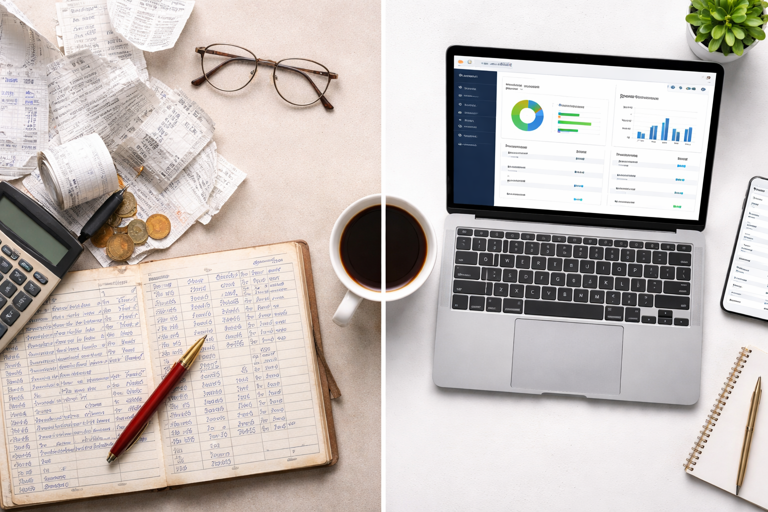Business owner comparing paper bookkeeping with digital cloud accounting software on a desk