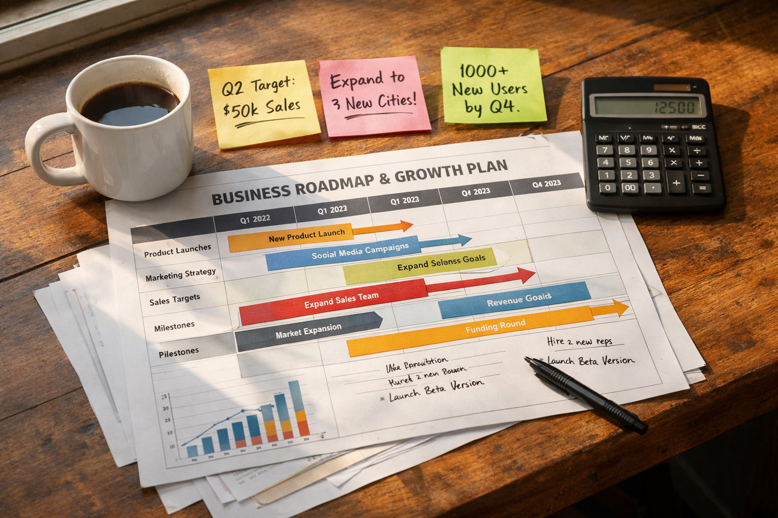 Business growth planning roadmap on a desk with financial notes and calculator — small business strategy UK