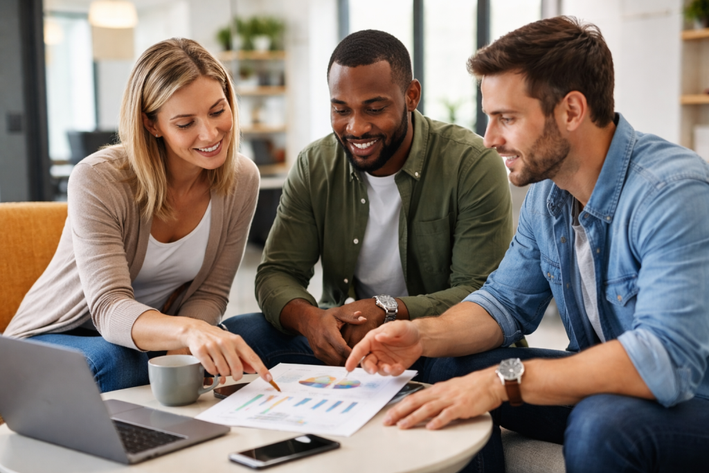 Small business team reviewing growth plan and financial reports in advisory meeting London