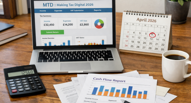 Small business owner workspace showing Making Tax Digital preparation and financial planning tools for 2026