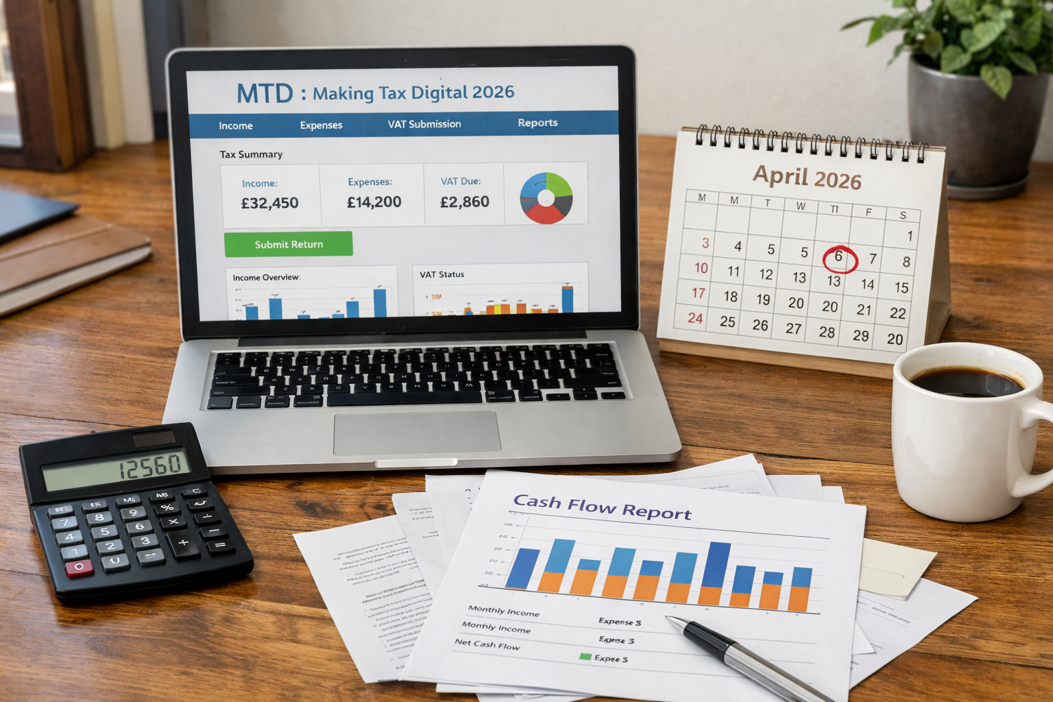 Small business owner workspace showing Making Tax Digital preparation and financial planning tools for 2026