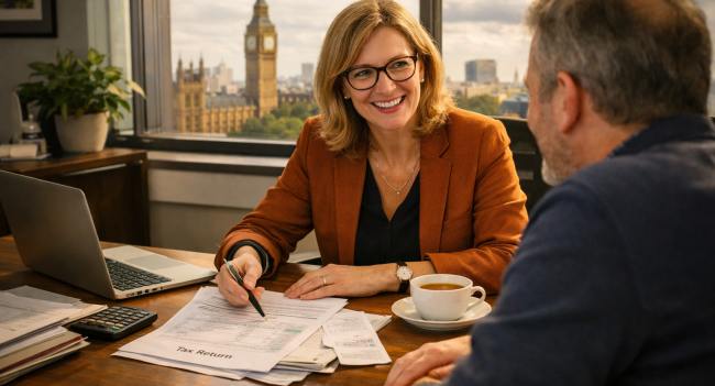 Professional tax specialist near me helping a client review tax documents in a London office