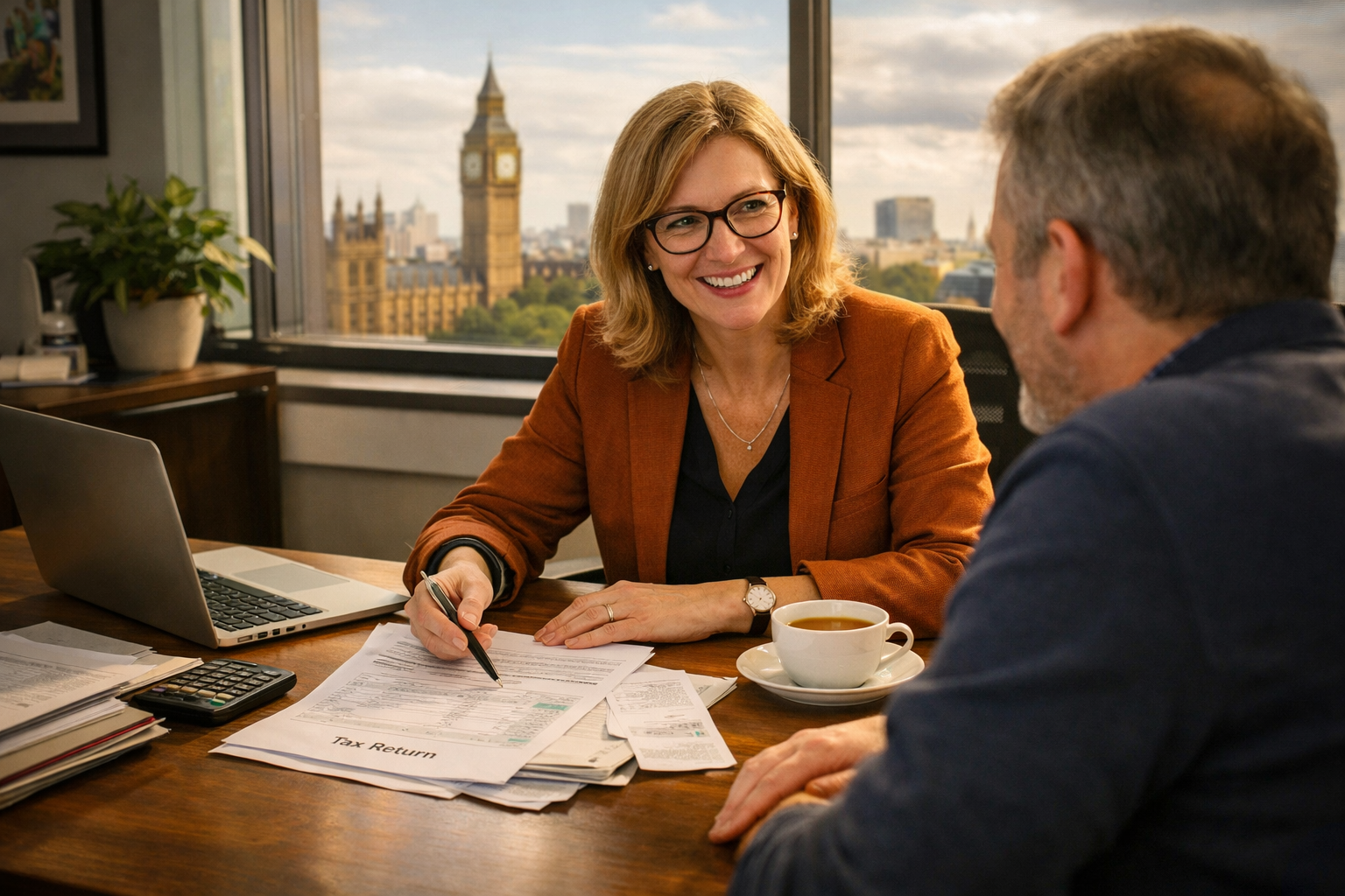 Professional tax specialist near me helping a client review tax documents in a London office