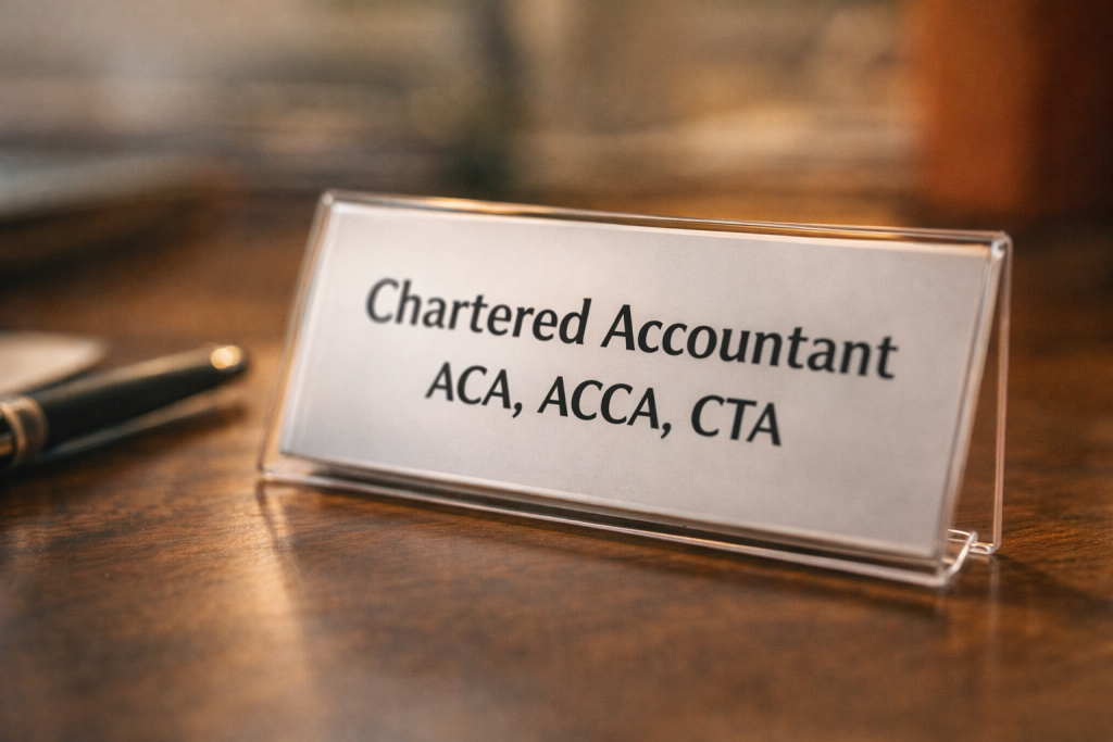 Chartered accountant credentials including ACA ACCA and CTA qualifications on a professional business card
