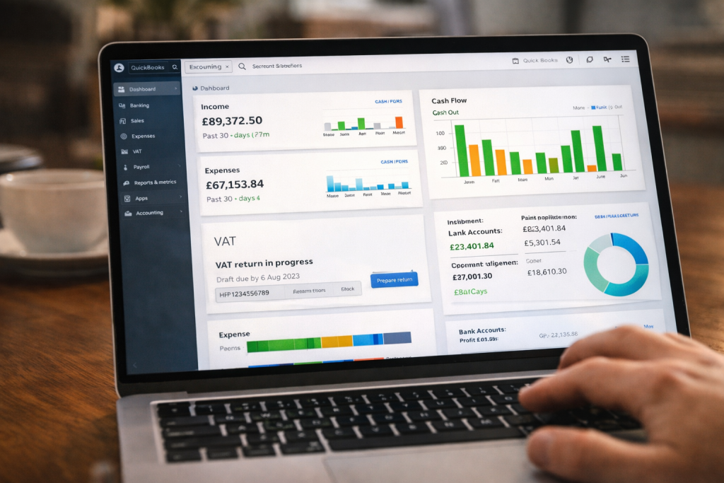 Cloud accounting software dashboard showing bookkeeping and tax returns for a small business