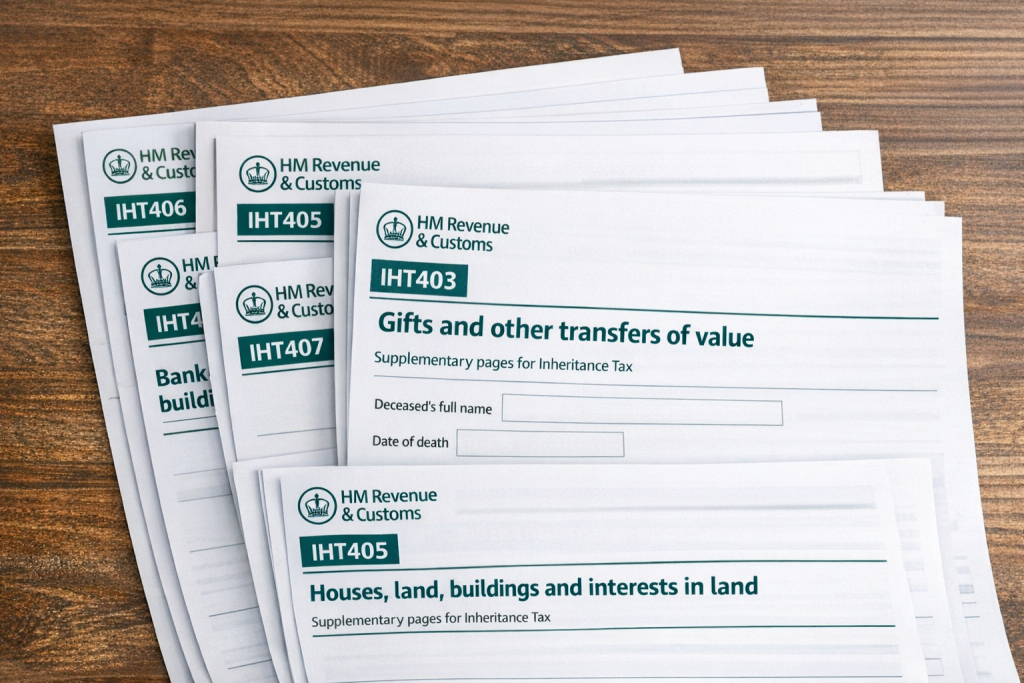IHT400 supplementary schedules stacked together showing IHT403 IHT405 and other inheritance tax forms