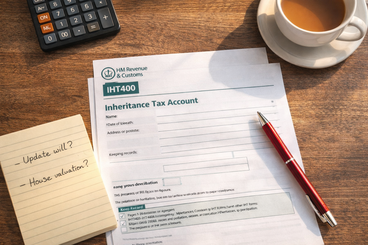 Executor completing IHT400 inheritance tax return guidance form at desk with pen and documents