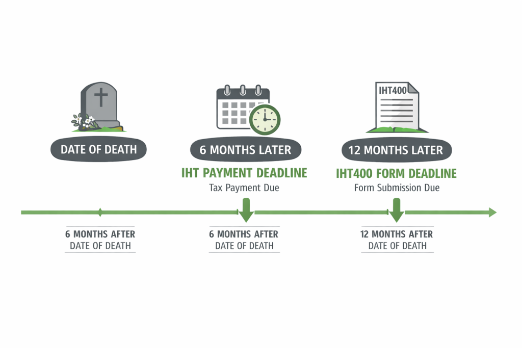 Inheritance tax IHT400 key deadlines timeline showing payment and submission dates for UK executors