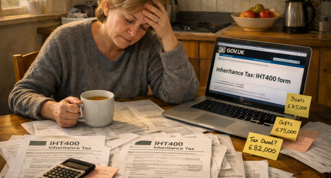 Executor completing IHT400 inheritance tax form at home with HMRC guidance on laptop