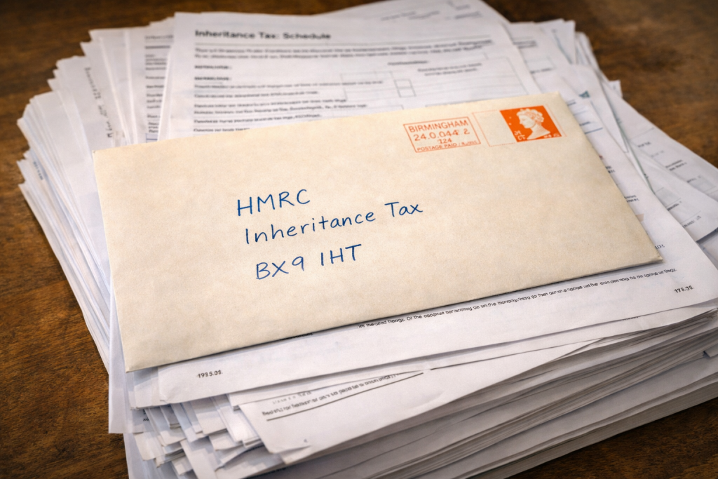 IHT400 form and supplementary schedules in envelope ready to post to HMRC inheritance tax office