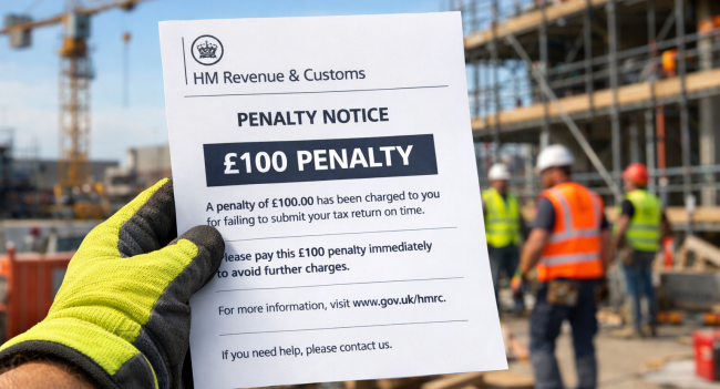Construction contractor on busy building site holding HMRC CIS penalty notice showing common compliance mistakes that cost thousands