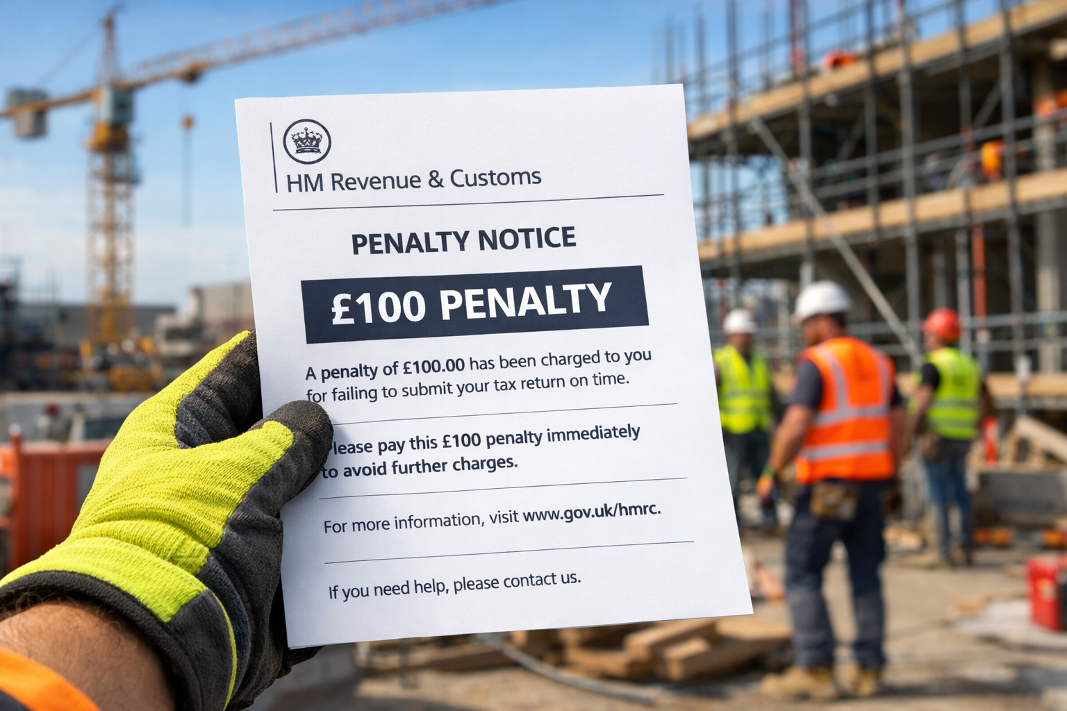 Construction contractor on busy building site holding HMRC CIS penalty notice showing common compliance mistakes that cost thousands