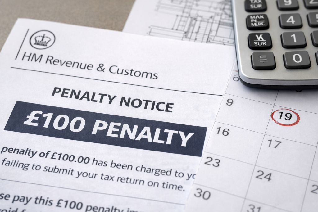 HMRC CIS penalty notice showing £100 fine for late monthly return filing with construction contractor paperwork and deadline calendar