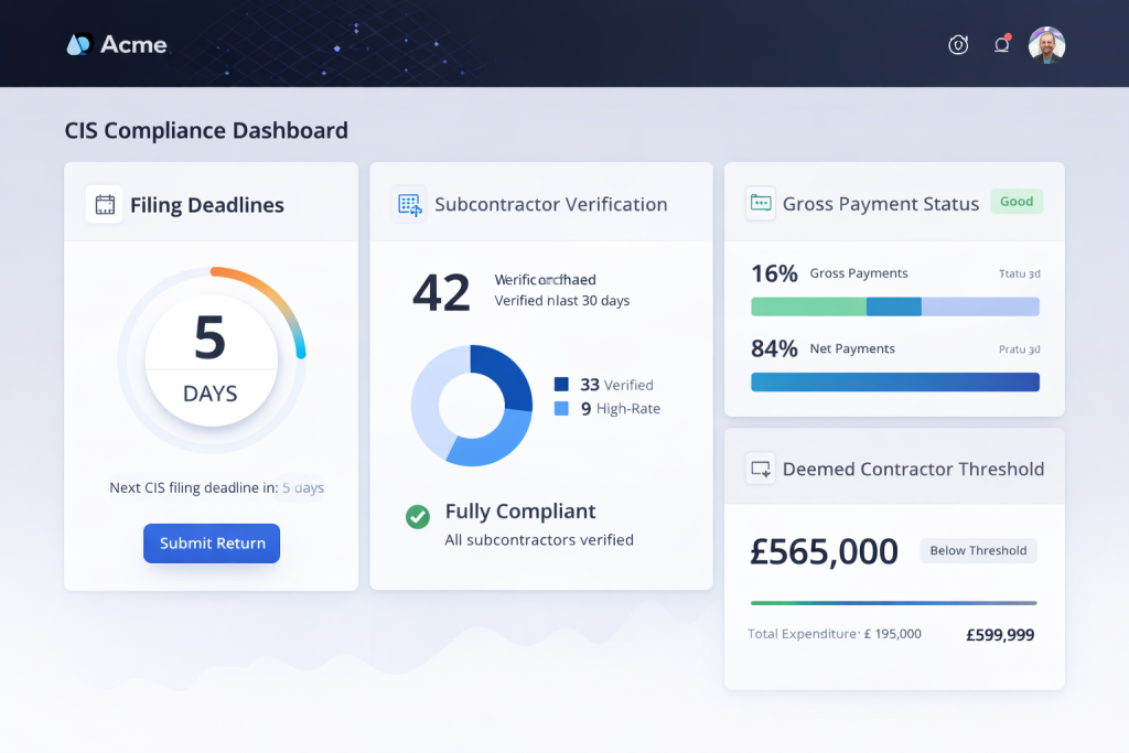 Professional CIS accountant compliance dashboard showing automated deadline tracking, subcontractor verification, and HMRC reporting status for construction contractors