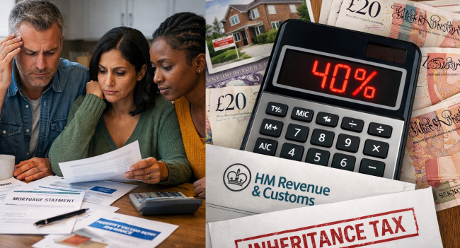 Family reviewing inheritance tax documents with 40% tax rate calculation, showing UK inheritance tax planning challenges for middle-income households
