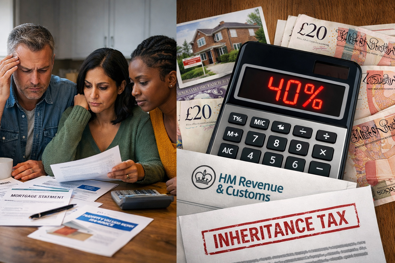 Family reviewing inheritance tax documents with 40% tax rate calculation, showing UK inheritance tax planning challenges for middle-income households