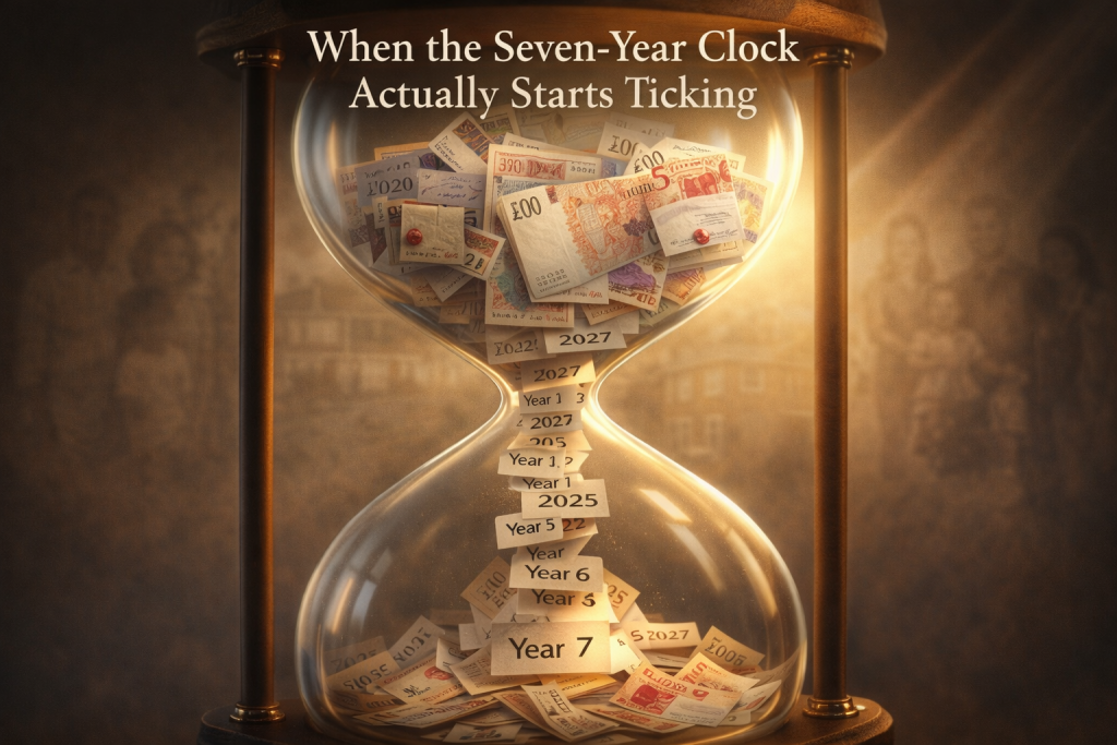 Seven-year rule inheritance tax timeline showing taper relief period for UK gifts and potentially exempt transfers