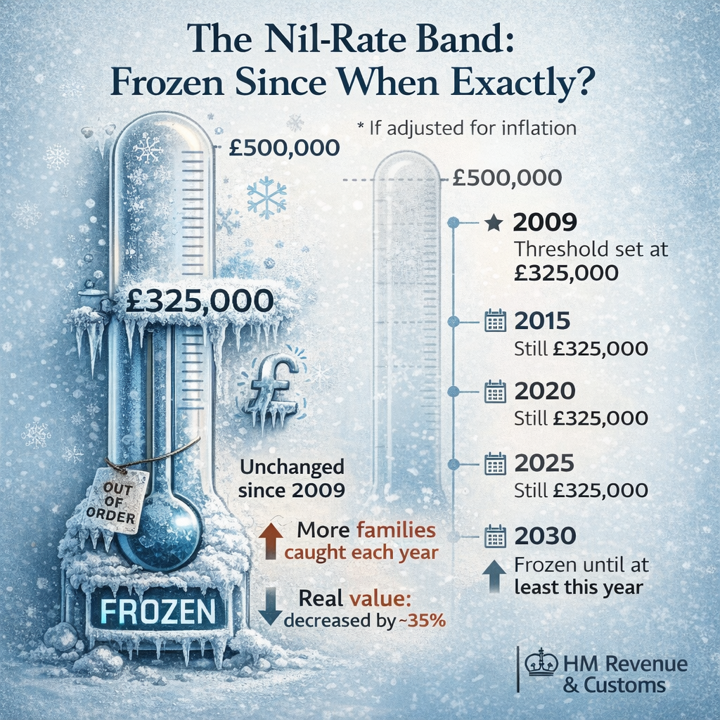 UK inheritance tax nil-rate band frozen at £325,000 since 2009 compared to inflation-adjusted threshold of £500,000 in 2026