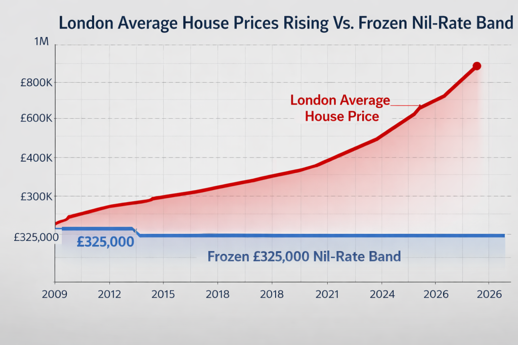 Graph showing UK inheritance tax nil-rate band frozen at £325,000 since 2009 whilst London house prices have increased significantly, illustrating the IHT threshold gap