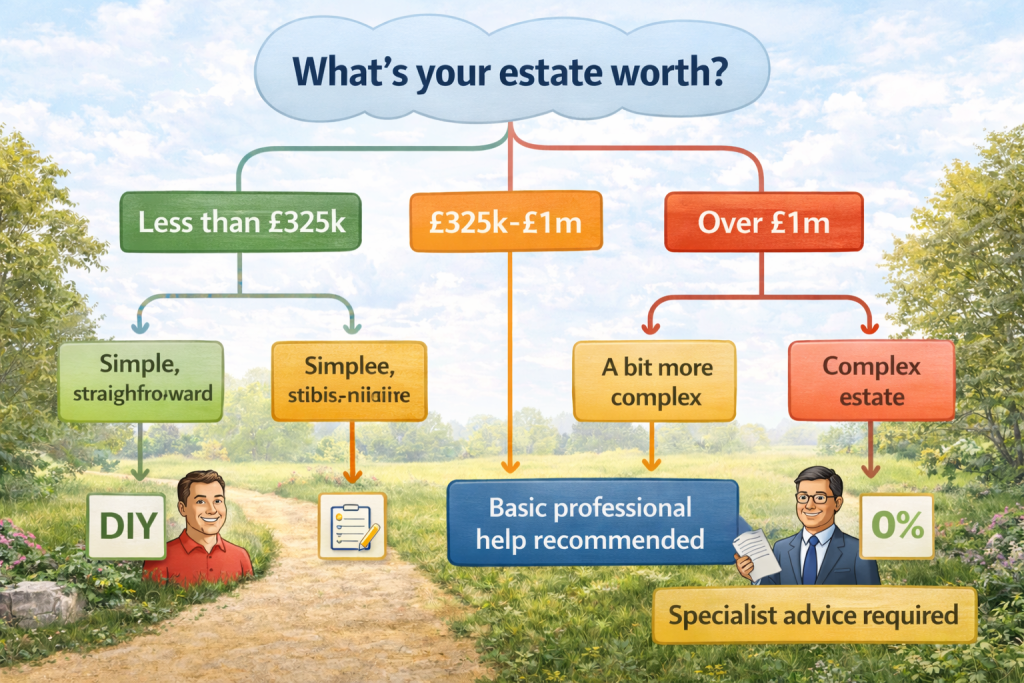 Estate planning decision tree showing when to seek professional IHT tax advice based on estate value and complexity of assets