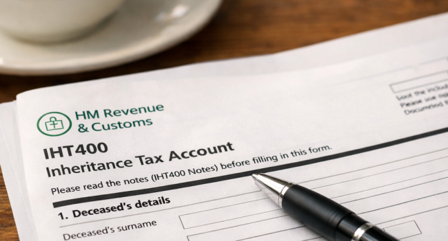 Person filling in HMRC inheritance tax form IHT400 at a desk with a cup of tea