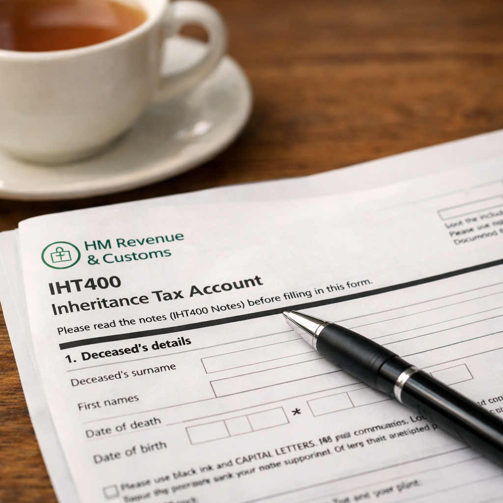 Person filling in HMRC inheritance tax form IHT400 at a desk with a cup of tea