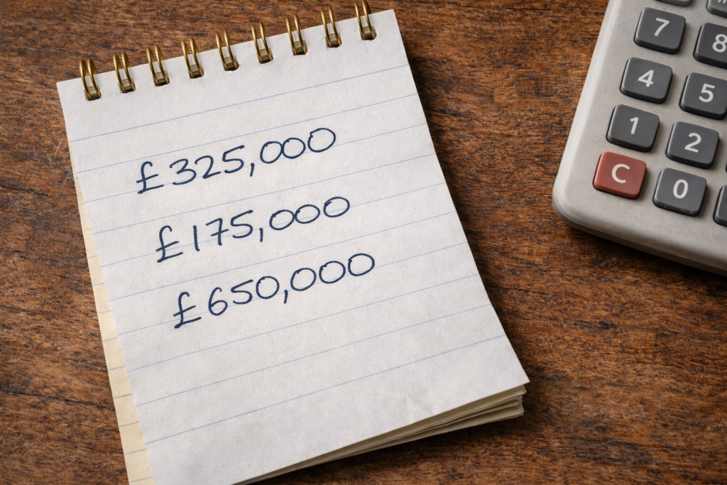 UK inheritance tax nil rate band thresholds written on notepad with calculator