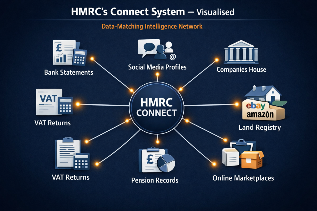 HMRC Connect data-matching system diagram showing tax investigation triggers 