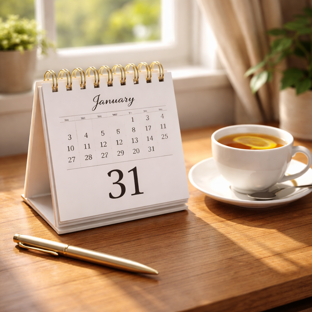 Desk calendar showing January 31 self assessment tax return deadline with pen and tea