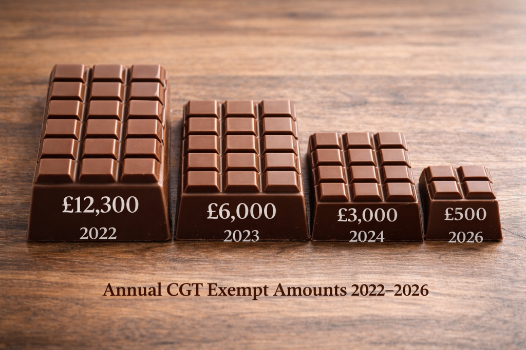 Illustration showing the reduction in Capital Gains Tax annual exempt amount from 2022 to 2026 UK