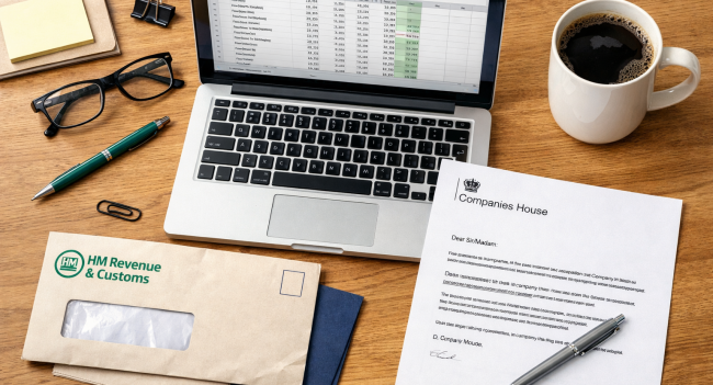 cost of accountant for a limited company UK — desk with accounts paperwork and laptop