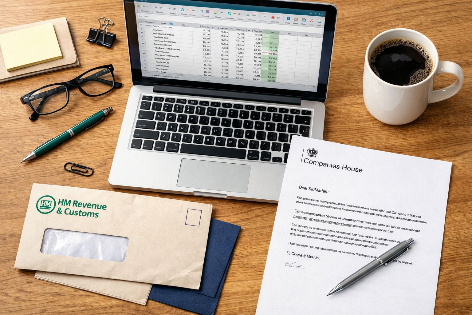 cost of accountant for a limited company UK — desk with accounts paperwork and laptop