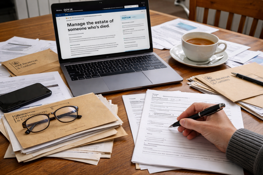 Executor completing HMRC inheritance tax forms IHT400 at home desk
