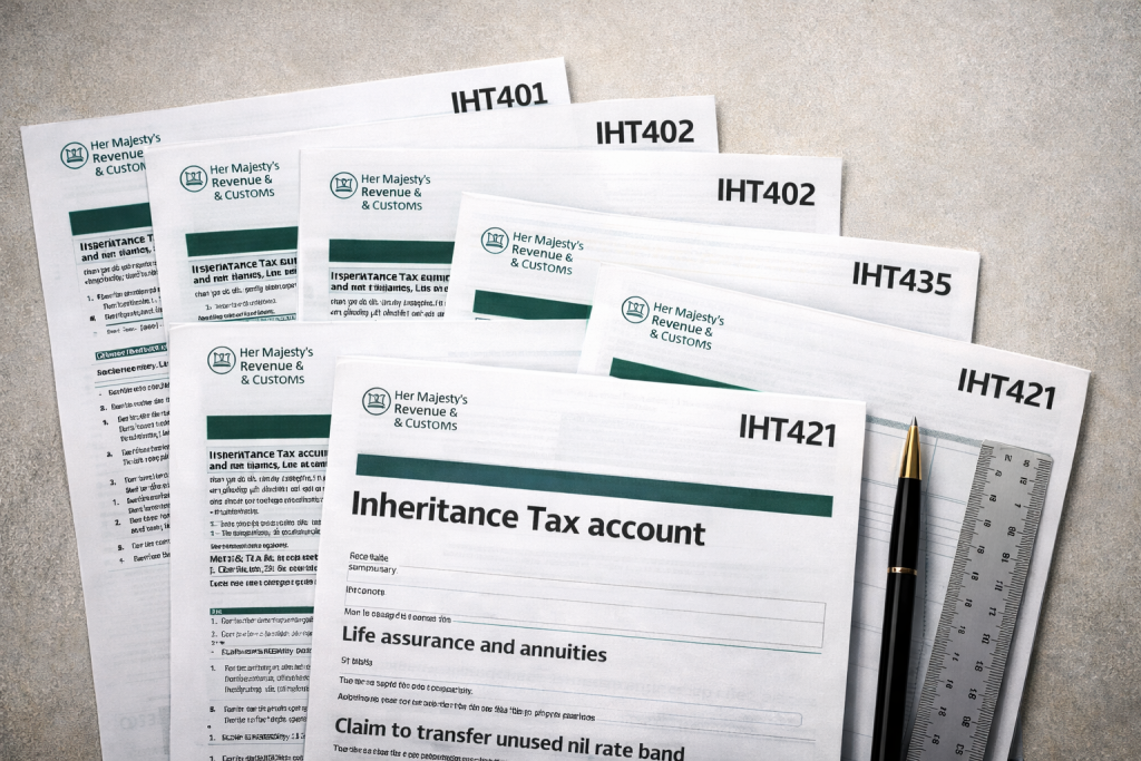 HMRC IHT400 inheritance tax supplementary forms laid out including IHT402 IHT403 IHT405