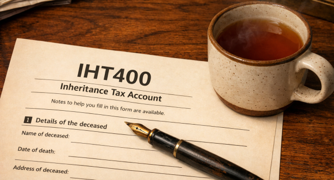 IHT 400 Notes form on a desk with pen and tea — inheritance tax return guide UK