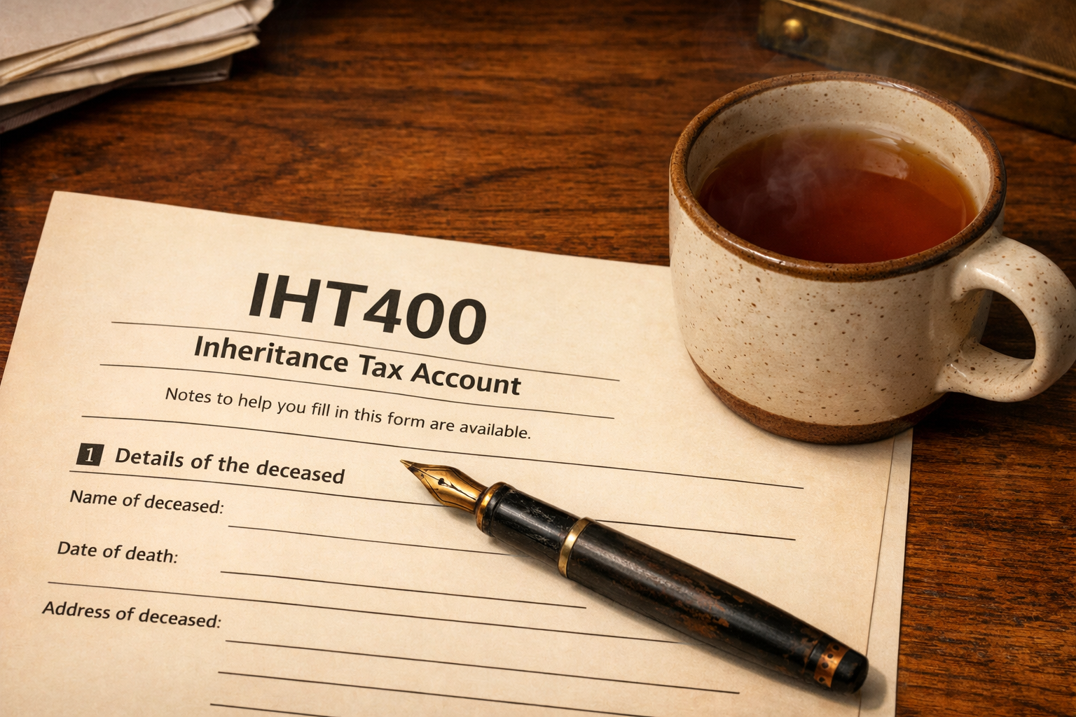 IHT 400 Notes form on a desk with pen and tea — inheritance tax return guide UK