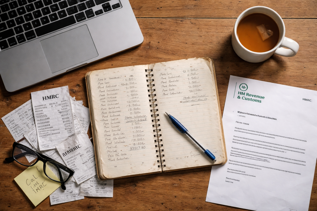 Self employed person organising expense receipts and records for personal tax return filing