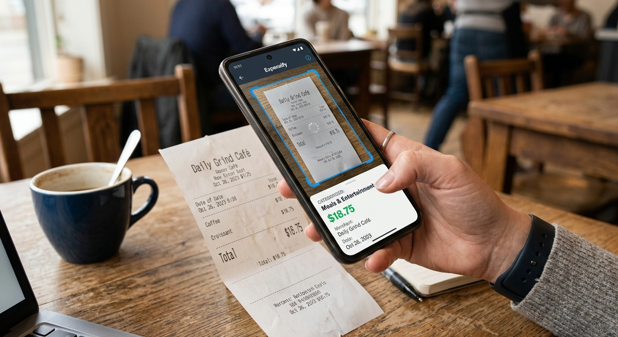 Person using a smartphone app to photograph and capture a paper receipt for cloud accounting expense tracking